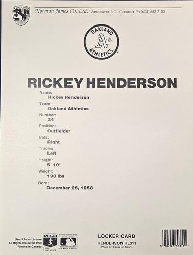 1990 Norman James Locker Cards #L311 Rickey Henderson Back