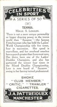 1930 J.A. Pattreiouex Celebrities In Sport #31 Mdlle. S. Lenglen Back