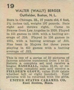 1933 U.S. Caramel (R328) #19 Wally Berger Back