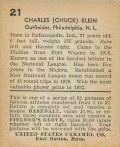1933 U.S. Caramel (R328) #21 Chuck Klein Back