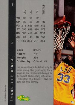 1992 Classic Four Sport #1 Shaquille O'Neal Back