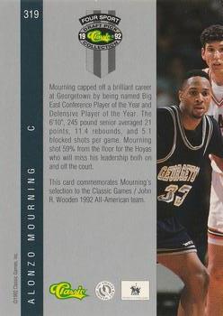 1992 Classic Four Sport #319 Alonzo Mourning Back