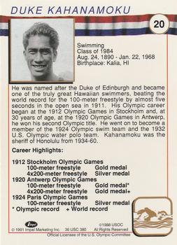 1991 Impel U.S. Olympic Hall of Fame #20 Duke Kahanamoku Back