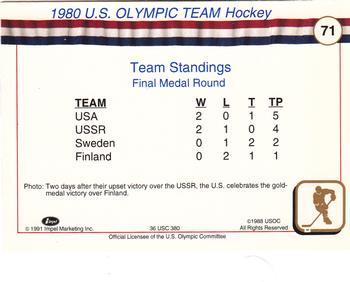 1991 Impel U.S. Olympic Hall of Fame #71 1980 U.S. Olympic Hockey Team Back