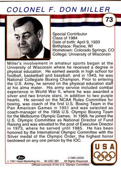 1991 Impel U.S. Olympic Hall of Fame #73 Col. F. Don Miller Back