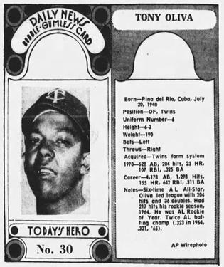 1970-71 Dayton Daily News (M137) #30 Tony Oliva Front