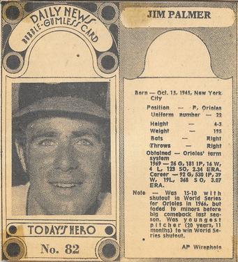 1970-71 Dayton Daily News (M137) #82 Jim Palmer Front