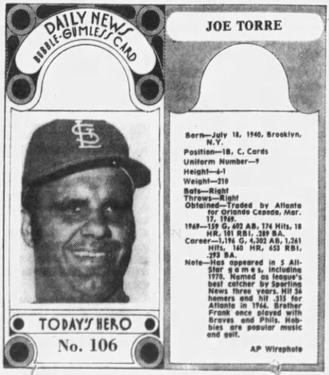 1970-71 Dayton Daily News (M137) #106 Joe Torre Front