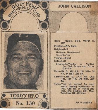 1970-71 Dayton Daily News (M137) #130 Johnny Callison Front