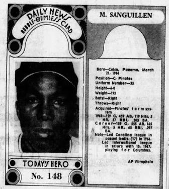 1970-71 Dayton Daily News (M137) #148 Manny Sanguillen Front