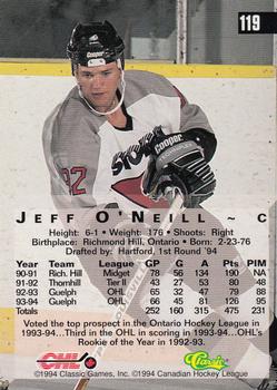 1994 Classic Four Sport #119 Jeff O'Neill Back