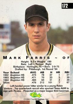 1994 Classic Four Sport #172 Mark Farris Back