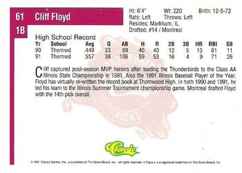 1991 Classic Four Sport #61 Cliff Floyd Back