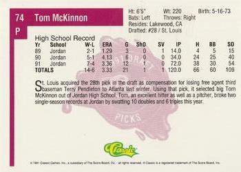 1991 Classic Four Sport #74 Tom McKinnon Back