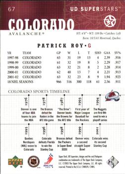 2002-03 UD SuperStars #67 Patrick Roy Back