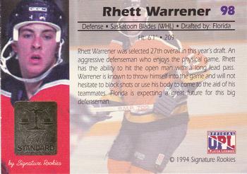 1994 Signature Rookies Gold Standard #98 Rhett Warrener Back