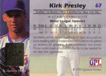 1994 Signature Rookies Gold Standard #67 Kirk Presley Back