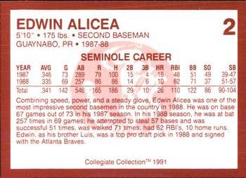 1990-91 Collegiate Collection Florida State Seminoles #2 Edwin Alicea Back