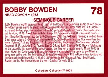 1990-91 Collegiate Collection Florida State Seminoles #78 Bobby Bowden Back