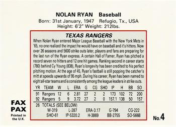 1993 Fax Pax World of Sport #4 Nolan Ryan Back