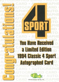 1994 Classic Four Sport - Autographs #NNO Kevin Witt Back