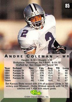 1994 Classic Four Sport - Gold #85 Andre Coleman Back