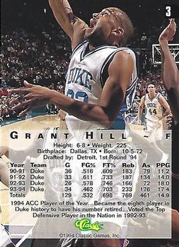 1994 Classic Four Sport - Printer's Proofs #3 Grant Hill Back