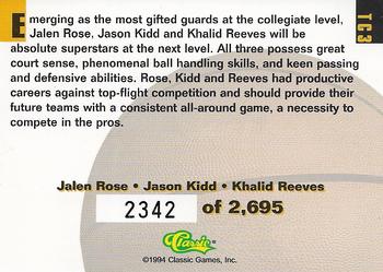 1994 Classic Four Sport - Tri-Cards #TC3 Jalen Rose / Jason Kidd / Khalid Reeves Back