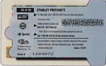 1996 Classic Clear Assets - Phone Cards $1 #26 Stanley Pritchett Back