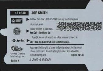 1996 Classic Clear Assets - Phone Cards $2 #13 Joe Smith Back