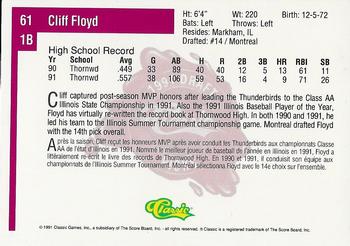 1991 Classic Four Sport - French #61 Cliff Floyd Back