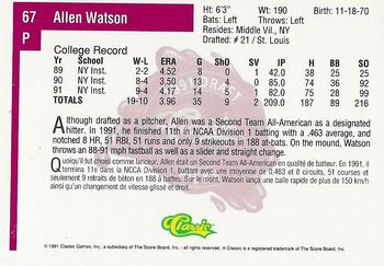 1991 Classic Four Sport - French #67 Allen Watson Back
