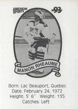 1993 American Sports Monthly (unlicensed) #NNO Manon Rheaume Back