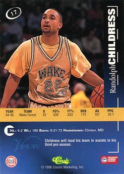 1996 Classic Visions Signings #17 Randolph Childress Back