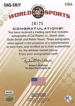 2010 Upper Deck World of Sports - Sports Nation Autographs Quad #SNQ-SRJY Derek Jeter / Cal Ripken Jr. / Ozzie Smith / Robin Yount Back