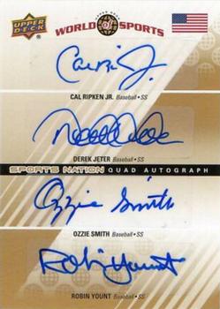 2010 Upper Deck World of Sports - Sports Nation Autographs Quad #SNQ-SRJY Derek Jeter / Cal Ripken Jr. / Ozzie Smith / Robin Yount Front