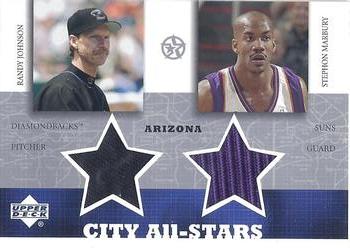 2002-03 UD SuperStars - City All-Stars Dual Jersey #RJ/SM-C Randy Johnson / Stephon Marbury Front
