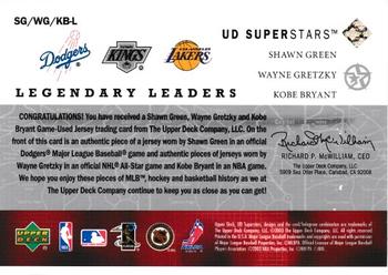 2002-03 UD SuperStars - Legendary Leaders Triple Jersey #SG/WG/KB-L Shawn Green / Wayne Gretzky / Kobe Bryant Back