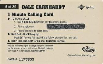 1996 Classic Assets - Phone Cards $1 #6 Dale Earnhardt Back