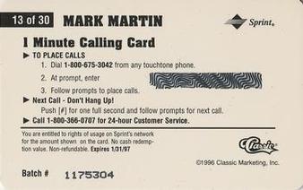1996 Classic Assets - Phone Cards $1 #13 Mark Martin Back