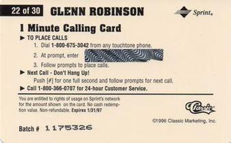 1996 Classic Assets - Phone Cards $1 #22 Glenn Robinson Back
