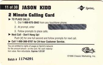 1996 Classic Assets - Phone Cards $2 #11 Jason Kidd Back