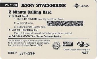1996 Classic Assets - Phone Cards $2 Hot Prints #25 Jerry Stackhouse Back