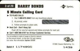 1996 Classic Assets - Phone Cards $5 #3 Barry Bonds Back