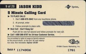 1996 Classic Assets - Phone Cards $5 #9 Jason Kidd Back