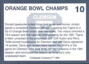 1990 Collegiate Collection Clemson Tigers #10 Orange Bowl Champs Back