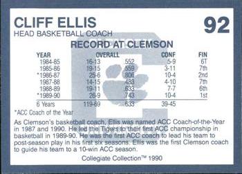1990 Collegiate Collection Clemson Tigers #92 Cliff Ellis Back