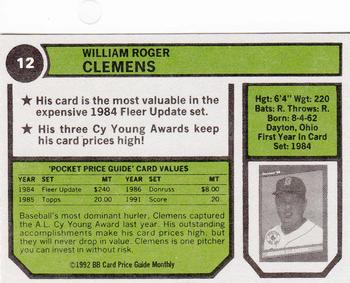 1992 SCD Sports Card Price Guide Monthly #12 Roger Clemens Back