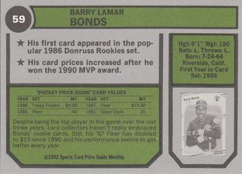 1992 SCD Sports Card Price Guide Monthly #59 Barry Bonds Back
