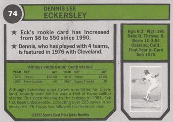 1992 SCD Sports Card Price Guide Monthly #74 Dennis Eckersley Back